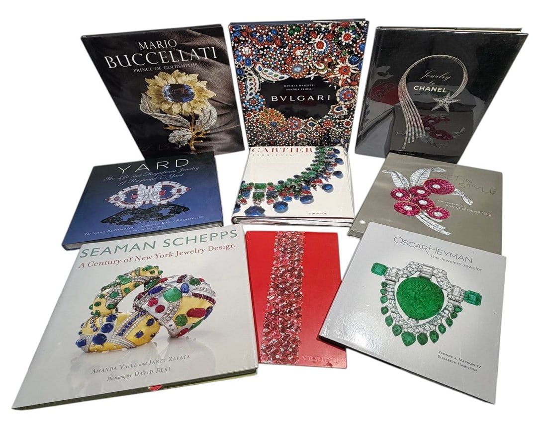 Assorted Luxury Jewelry Reference Books 9pc LOT: Assorted luxury jewelry reference books, including Cartier 1900-1939, Bvlgari, Jewelry by Chanel, Mario Buccellati Prince of Goldsmiths, Seaman Schepps A Century of New York Jewelry Design, Yard The L