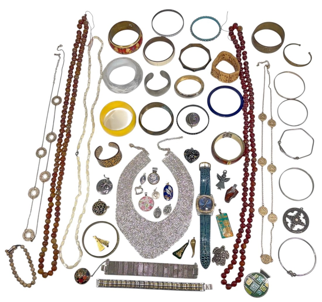 Assorted Jewelry Bracelets & Necklaces 54pc LOT: Assorted group of bracelets, necklaces, wristwatch, small boxes, pendants, and bangles. Materials include metal, enamel, glass, plastic, and stone. Various styles and makers. Longest piece measures 24