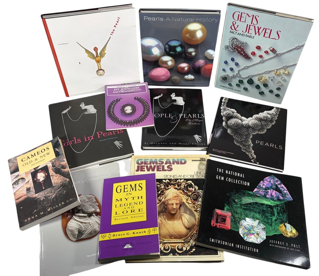 Assorted Jewelry Reference Books & Catalogs 12pcs: Group of twelve books mostly on pearls and gemstones, including some on cameos, by various authors and publishers. Largest book measures approximately 11.5 inches high x 10.25 inches wide. Condition: 