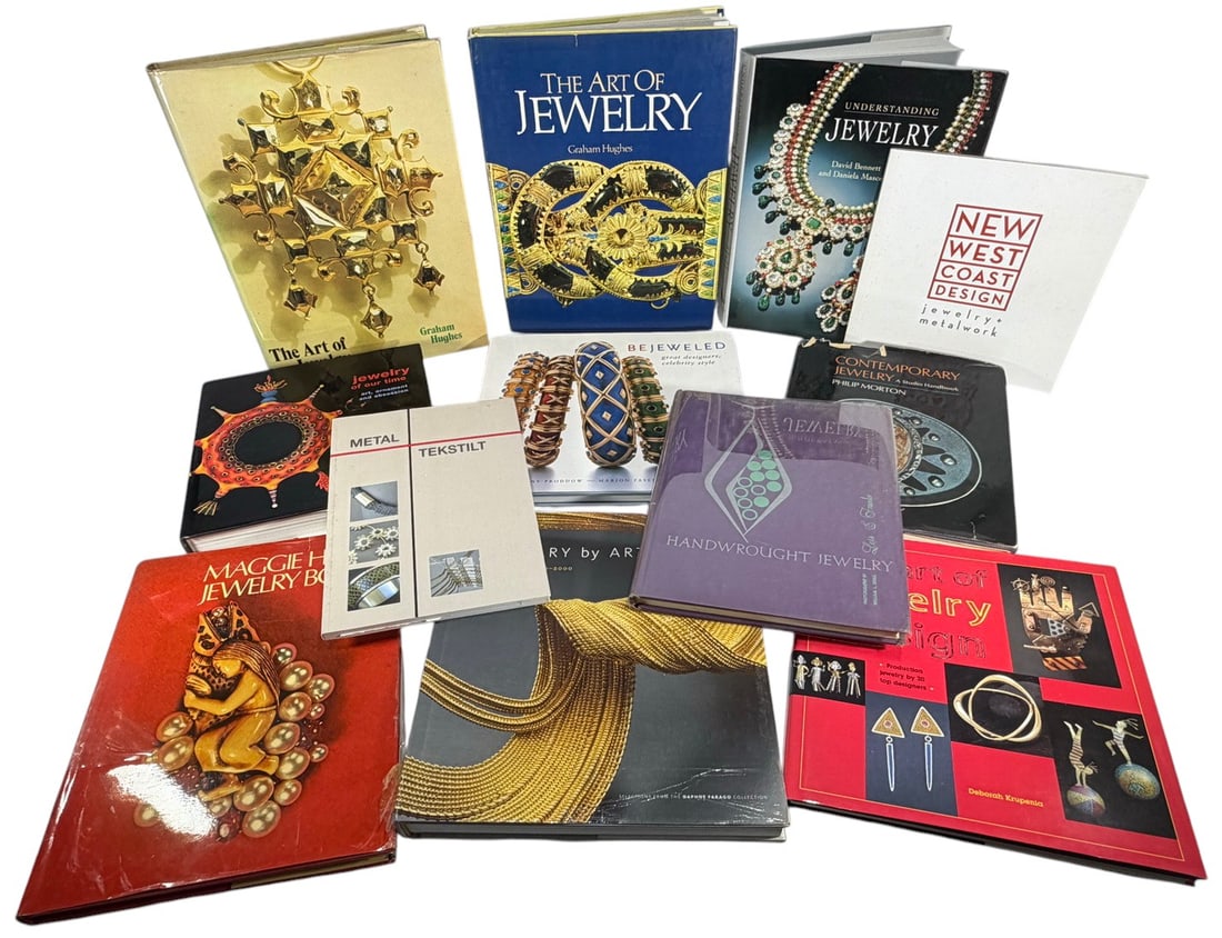 Jewelry Art Books Antique & Contemporary 12pcs: Group of twelve books on jewelry art, including antique and contemporary designers and makers. Covers various artists, styles, and periods with reference and visual material. Largest book measures app