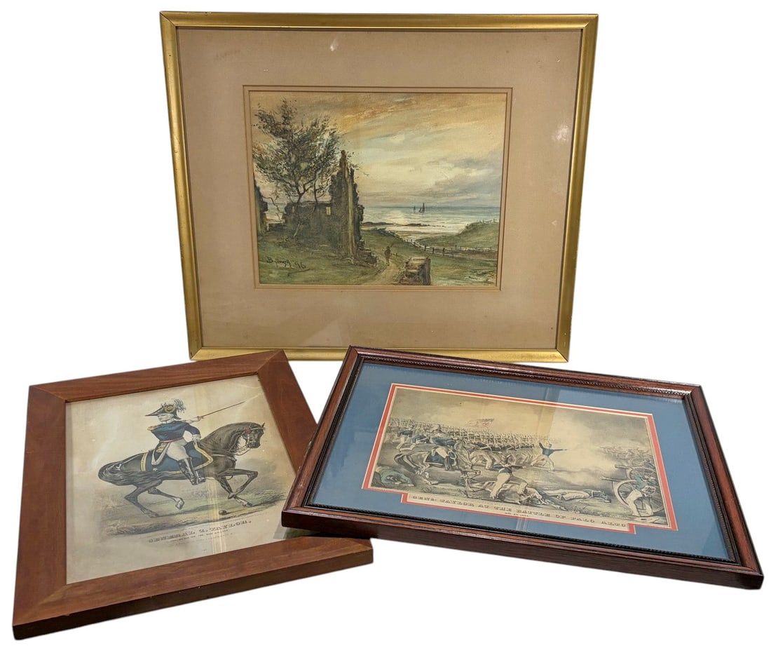 Framed Prints & Signed Coastal Landscape 3pc LOT: Group of three framed works including two prints depicting General Zachary Taylor and one coastal landscape, likely watercolor, signed and dated 1896.The watercolor retains a label on the verso; all p
