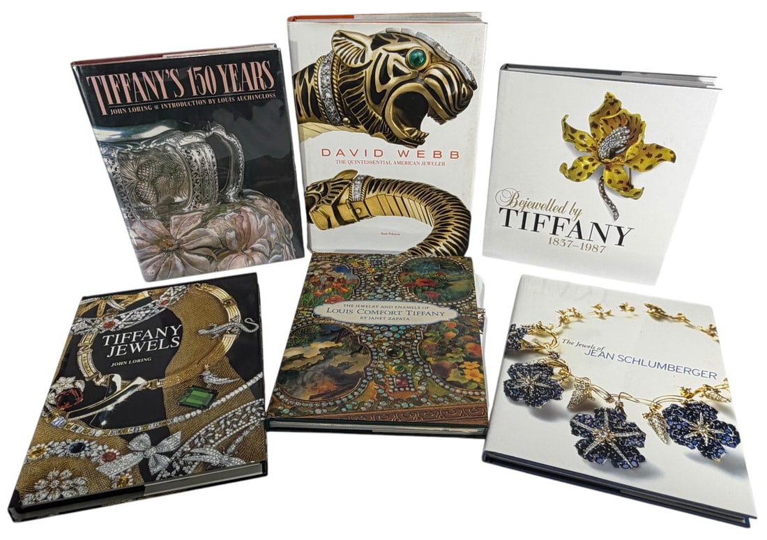 Assorted Fine Jewelry Books by Noted Authors 6pcs: Group of six books on fine jewelry by noted authors, including titles on David Webb, Jean Schlumberger, Tiffany, and Louis Comfort Tiffany, among others.Publications focus on American jewelers, design
