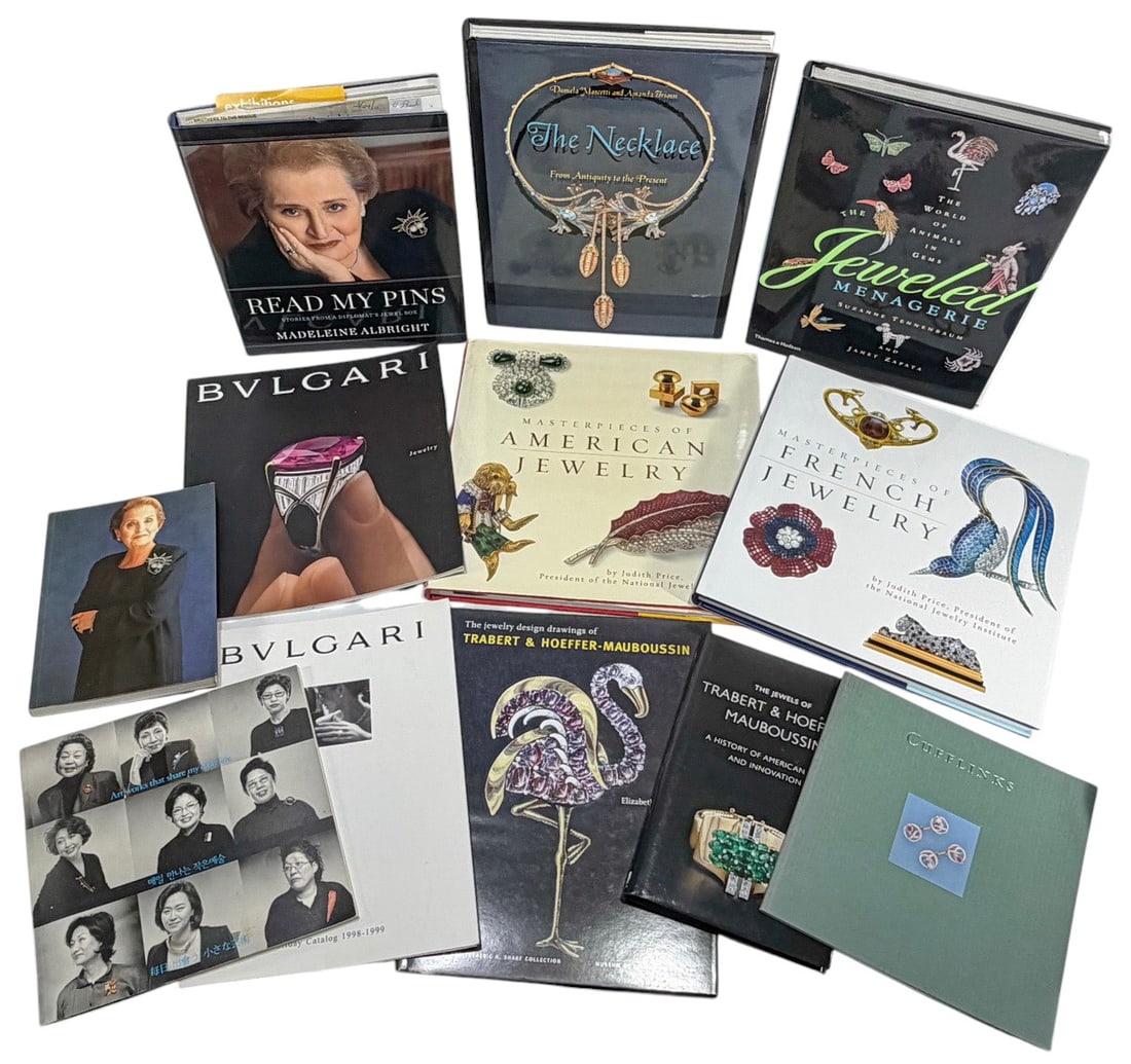 Assorted Jewelry Books Including Bulgari 12pc LOT: Group of twelve jewelry books by various artists and designers, including Bulgari as the most notable example. Hardcover volumes with color illustrations, covering fine and contemporary jewelry. Large