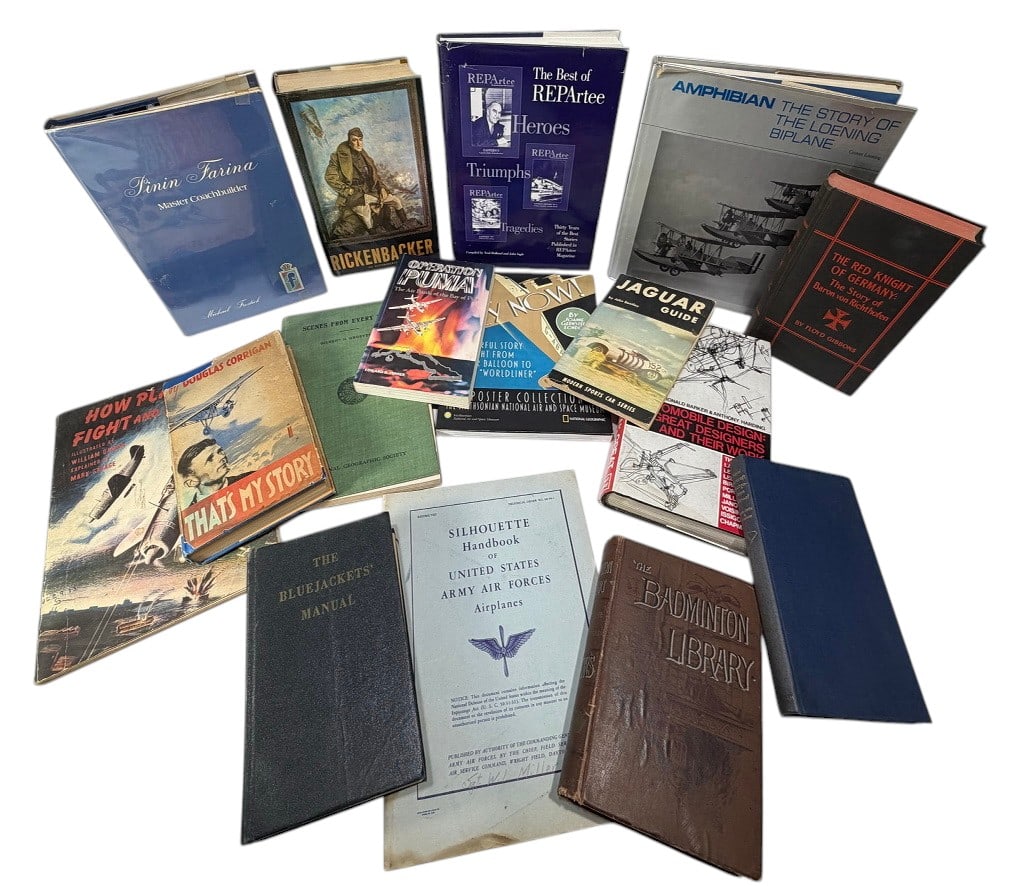 Assorted Military & Aviation Reference Books 15pcs: Group of fifteen books on military, U.S. Air Force, aviation, bombs, gliders, and modern automobiles by various authors and publishers. All volumes are bound and illustrated. The largest measures appr