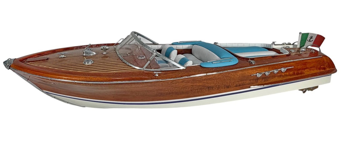 Riva Aquarama Wooden Model Speedboat w Details: Riva Aquarama style speedboat model, polished wood veneer hull with white and blue accents, detailed interior with seating and dashboard, metal hardware and propellers, Italian flag, decorative nautic