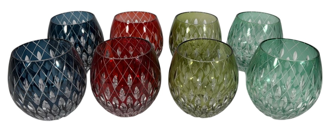 Cut Assorted Colored Glass Tumblers 8pc LOT: Set of eight cut glass tumblers, assorted colors including blue, red, green, and olive, crisscross lattice and oval facet pattern, thick bases, colored glass with clear cut overlay effect. Each tumble