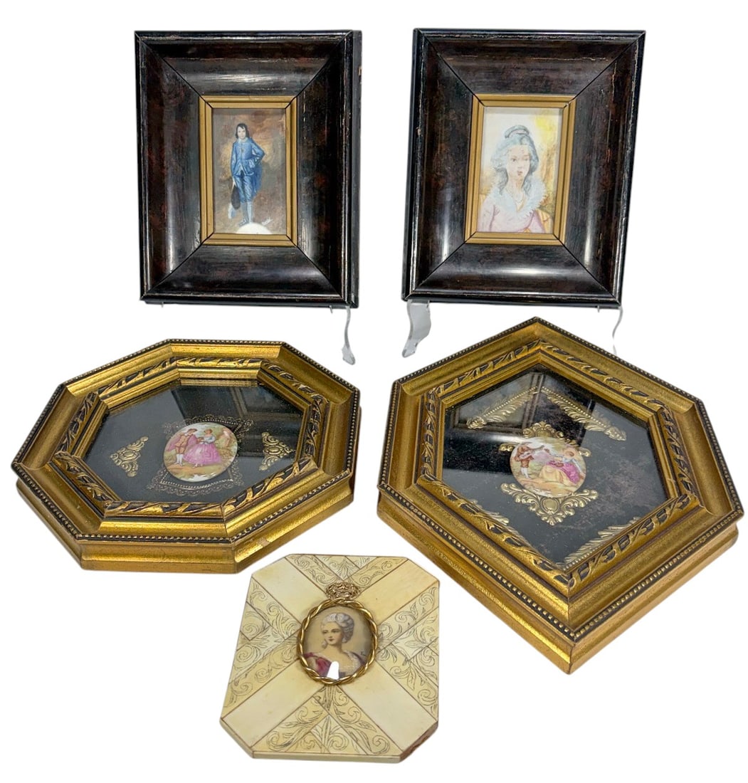 Framed Portraits Assorted Decorative 5pc LOT: Group of five framed portrait pieces in assorted formats and materials. Includes two octagonal gilt wood frames with applied metal mounts, each centered with porcelain hand-painted oval plaques. Two m