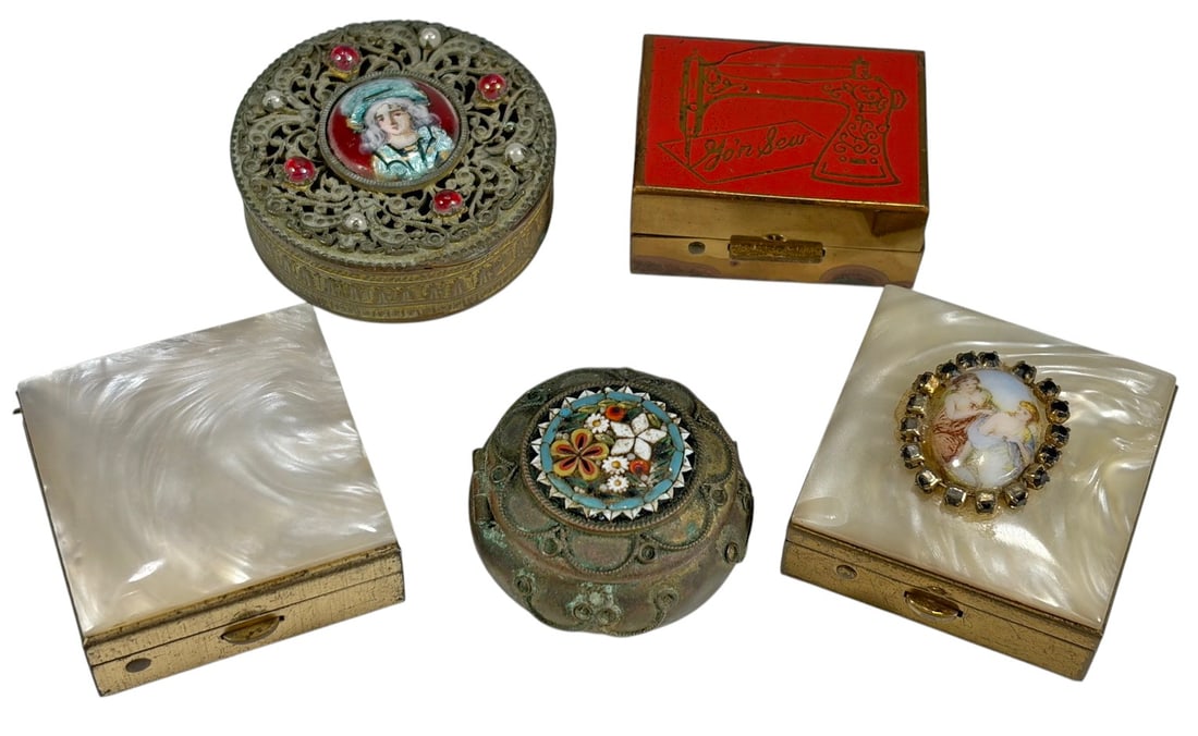 Assorted Decorative Metal Pill Boxes w Lid 5pc LOT (1 of 5)