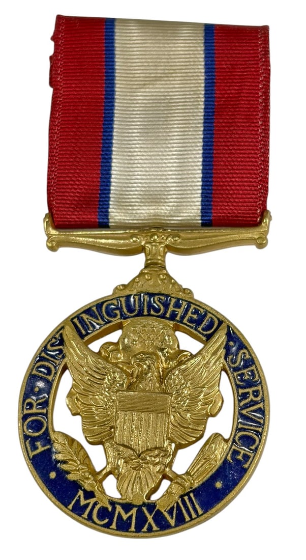 US Distinguished Service Medal MCMXVIII w/ Ribbon: United States Distinguished Service Medal with ribbon. Circular medal featuring an eagle at center and blue enamel border reading 'For Distinguished Service' with Roman numerals 'MCMXVIII.' Metal cons
