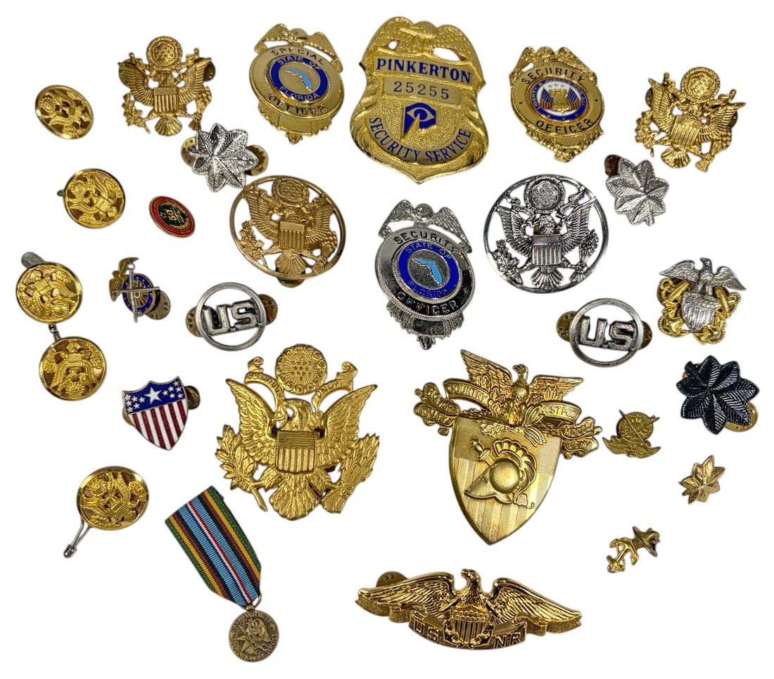Assorted Military Insignia Pins & Badges 25pc LOT: Group of twenty-five military insignia pins and badges including United States examples. Metal construction with various finishes.Includes eagle emblems, 'US' collar discs, shield and crest forms, and