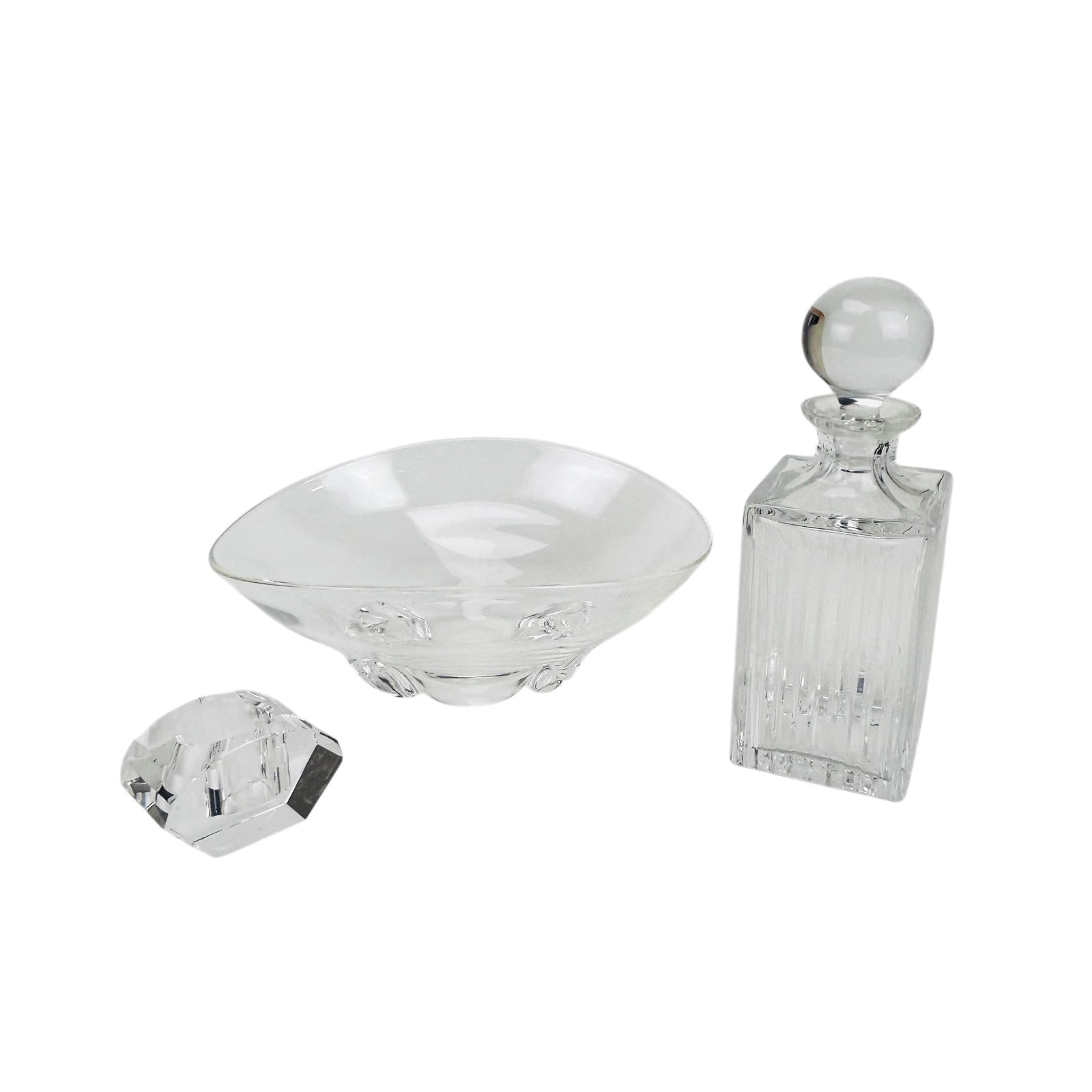 Steuben Bowl, Cassini Candleholder & Decanter 3pc: Steuben crystal art glass wide form bowl with sculptural base in the Trillium floret pattern #8059. Designed by Donald Pollard (American, 1924-1994). An Oleg Cassini Cut Lotus pattern faceted candle v