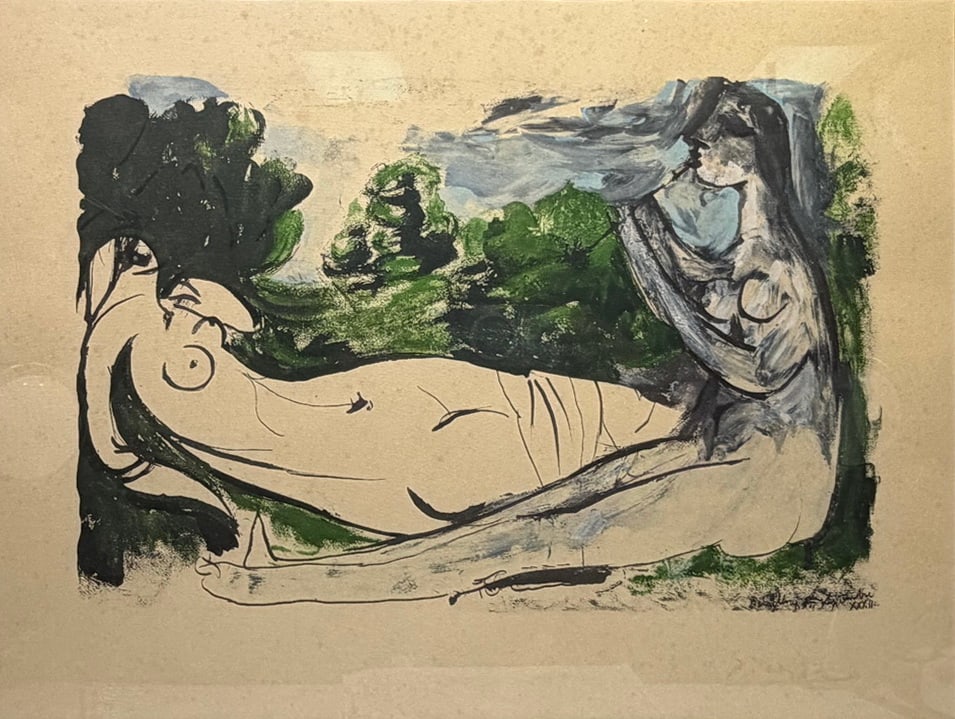 After Pablo Picasso Nude Woman w/ Flute Print: Print reproduction titled Femme nue et joueuse de flute (Nude Woman with Flute Player), after a 1932 drawing by Pablo Picasso. The composition depicts a reclining nude figure in a stylized, expressive