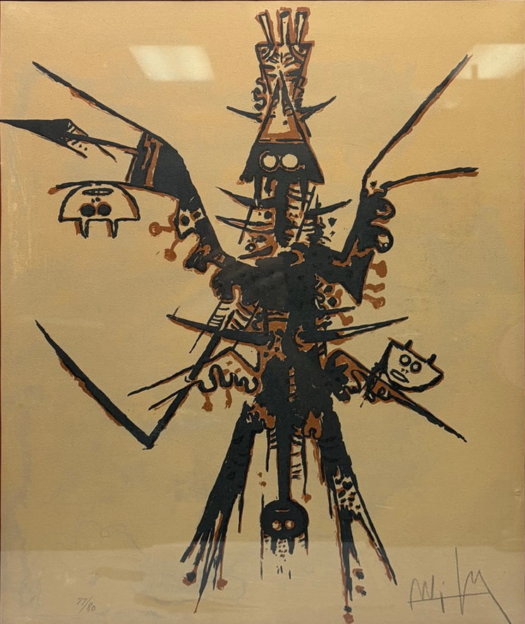 After Wilfredo Lam Abstract Figure Lithograph: Lithographic print after Wilfredo Lam, featuring a stylized abstract figure with surreal and symbolic elements characteristic of the artist's visual language. Numbered 77/80 in pencil lower left and b