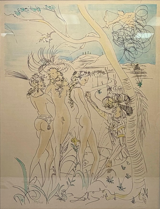 Salvador Dali Le Jugement De Paris Lithograph: 1970s limited edition color lithograph on paper titled 'Le Jugement De Paris' after Salvador Dali. Numbered 330/375 in pencil to the lower left margin, with an embossed lithograph stamp to the lower r