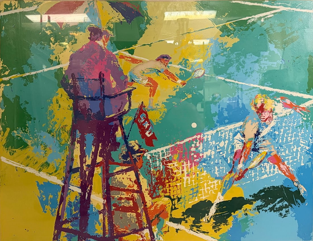 Leroy Neiman American Tennis Serigraph A-P Signed: Framed serigraph on paper depicting a tennis match scene by Leroy Neiman. Hand signed in pencil and marked 'AP' (Artist Proof) to the lower margin. Composition shows players in action with umpire and 