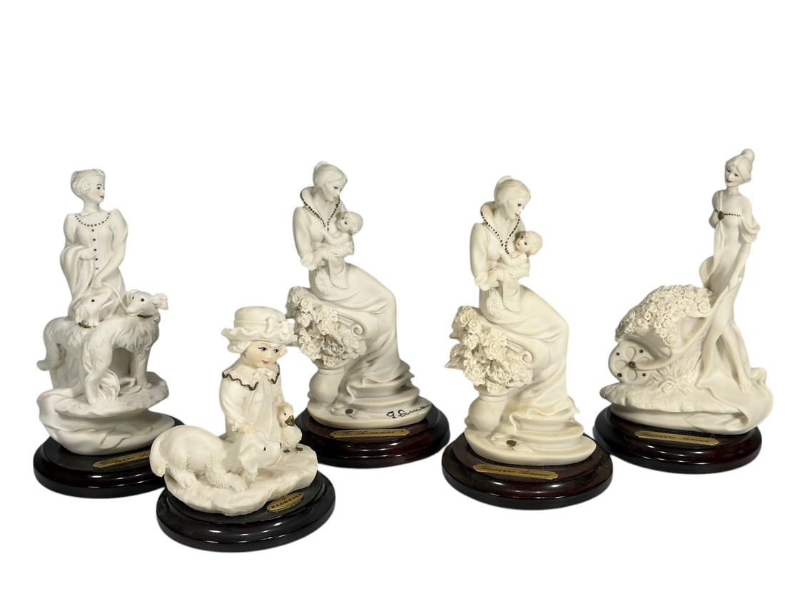 Giuseppe Armani Miniature Female Figures 5pc LOT: Group of five miniature figurines by Giuseppe Armani, depicting female figures and one child figure with classical motifs. Hand-painted details are visible throughout.Includes two examples of the mode