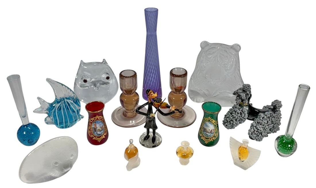 Jonasson Sweden Animals, Baccarat Vase, & More 16p: Group of art glass and decorative objects including vases, candlesticks, and glass animal forms. Materials include clear and colored glass in various finishes and techniques. Includes three small perf