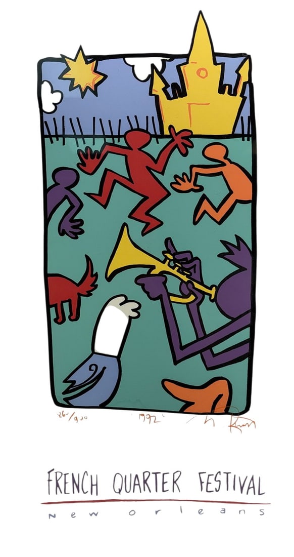 After Keith Haring Poster French Quarter Festival: Framed poster for 'French Quarter Festival, New Orleans' featuring artwork in the style of Keith Haring, dated 1992. Hand-signed and numbered in pencil lower margin (edition 260/900). Colorful figural