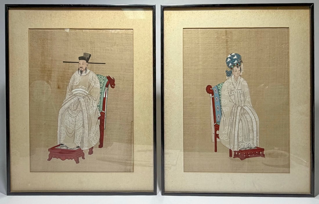 Chinese Ancestor Portrait Painting on Silk 2pc LOT (1 of 8)
