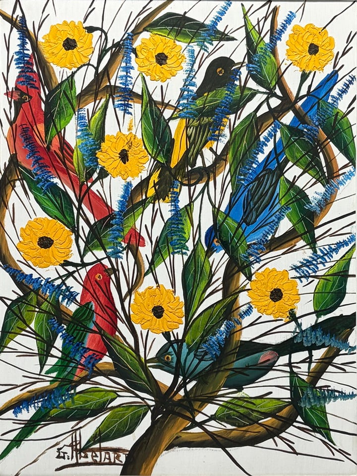 Gesner Abelard Haitian Birds Oil on Masonite: Gesner Abelard (Haitian, born 1922) oil painting on masonite depicting brightly colored tropical birds among flowering branches and foliage. signed to the lower left 'G. Abelard,' housed in a carved w