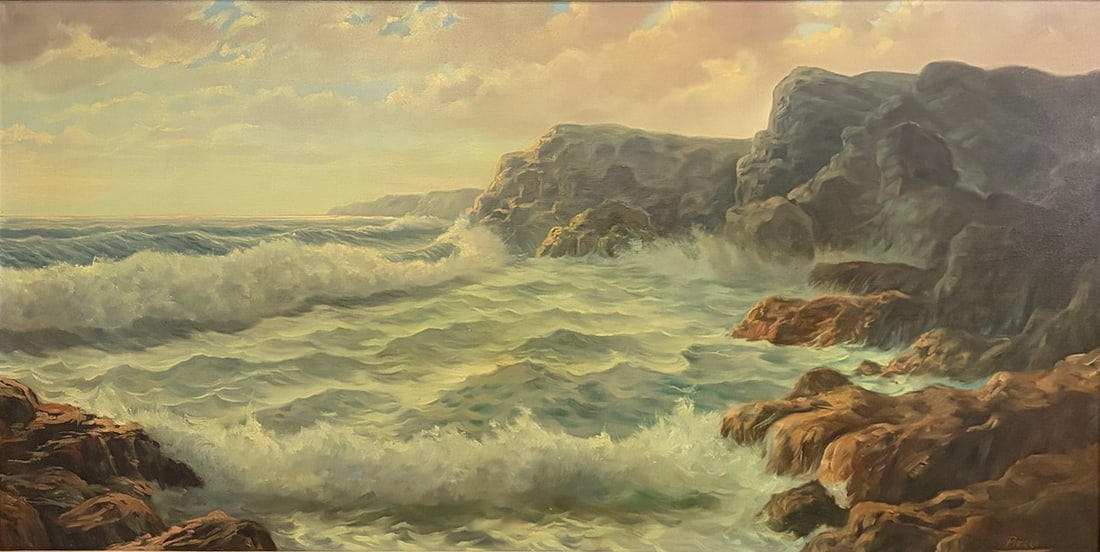 Signed Pierro Large Coastal Seascape Oil on Canvas: Large coastal seascape oil painting depicting crashing waves against rocky cliffs beneath a cloudy sky, executed in a realistic manner with soft atmospheric light and blue, gray, and earth tone palett