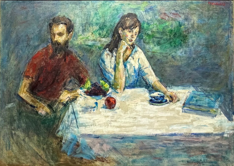 Thomas J. Strickland, American b1932 Oil on Canvas: Thomas J. Strickland (American 1932-1999) mid century modern figural oil painting depicting a seated man and woman at a table with fruit, cup, and books, executed in an expressive painterly style with