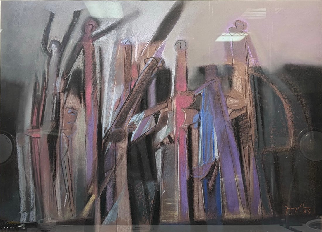 Guillermo Trujillo Abstract Pastel Composition: Guillermo Trujillo (Panamanian, 1927-2018) pastel composition on dark ground paper or board, 1985, signed lower right. Abstract figurative work with elongated forms in muted red, blue, gray, and black