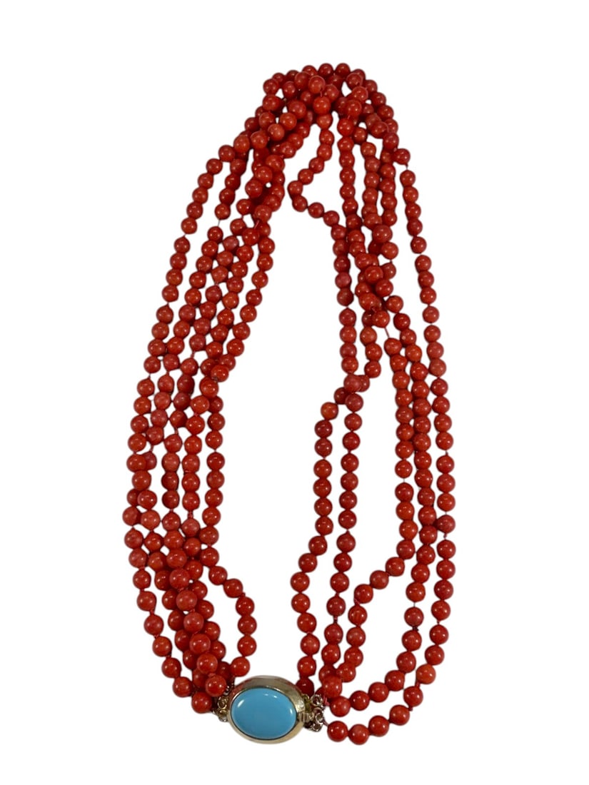 Multi-Strand Coral Necklace 925 Silver Clasp: Multi-strand red coral bead necklace composed of numerous strands, with large oval clasp set with turquoise cabochon, marked 925 sterling silver, uniform coral beads, decorative tag, statement design.