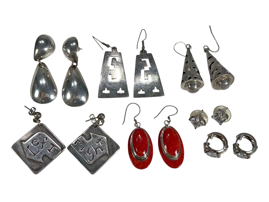 Sterling Silver 925 Earrings, 64 Grams, 14pc LOT: Assorted group of fourteen sterling silver earrings in various styles and forms. Includes hoop, drop, stud, and dangle examples with geometric motifs, engraved details, and decorative settings. Severa