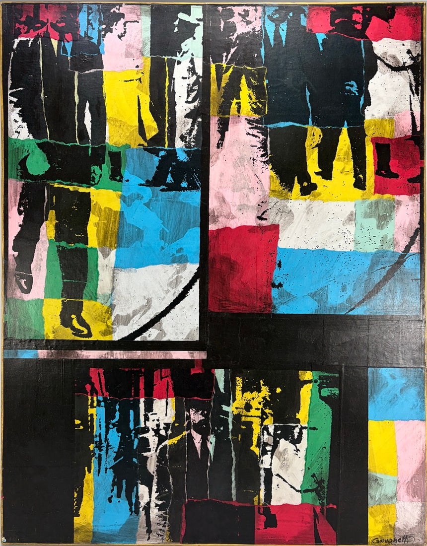 Miguel Angel Giovanetti Mixed Media on Canvas: Miguel Angel Giovanetti mixed media on canvas titled FAN (Childhood). Contemporary abstract composition depicting fragmented bicycle imagery and geometric forms within a large diamond-shaped motif aga
