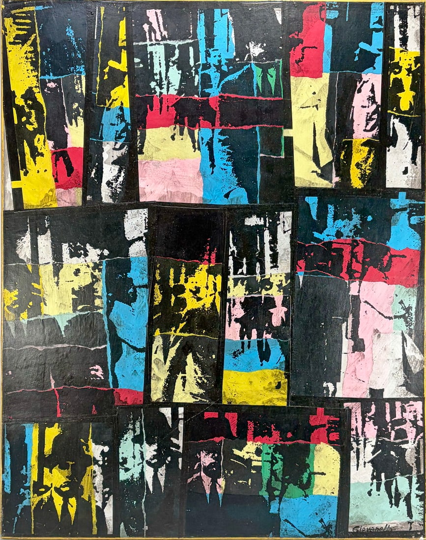 Miguel Angel Giovanetti Mixed Media on Canvas: Mixed media on canvas titled 'The Street III' by Miguel Angel Giovanetti, dated 2007. Abstract composition featuring layered geometric forms and expressive brushwork in black, blue, yellow, pink, and 