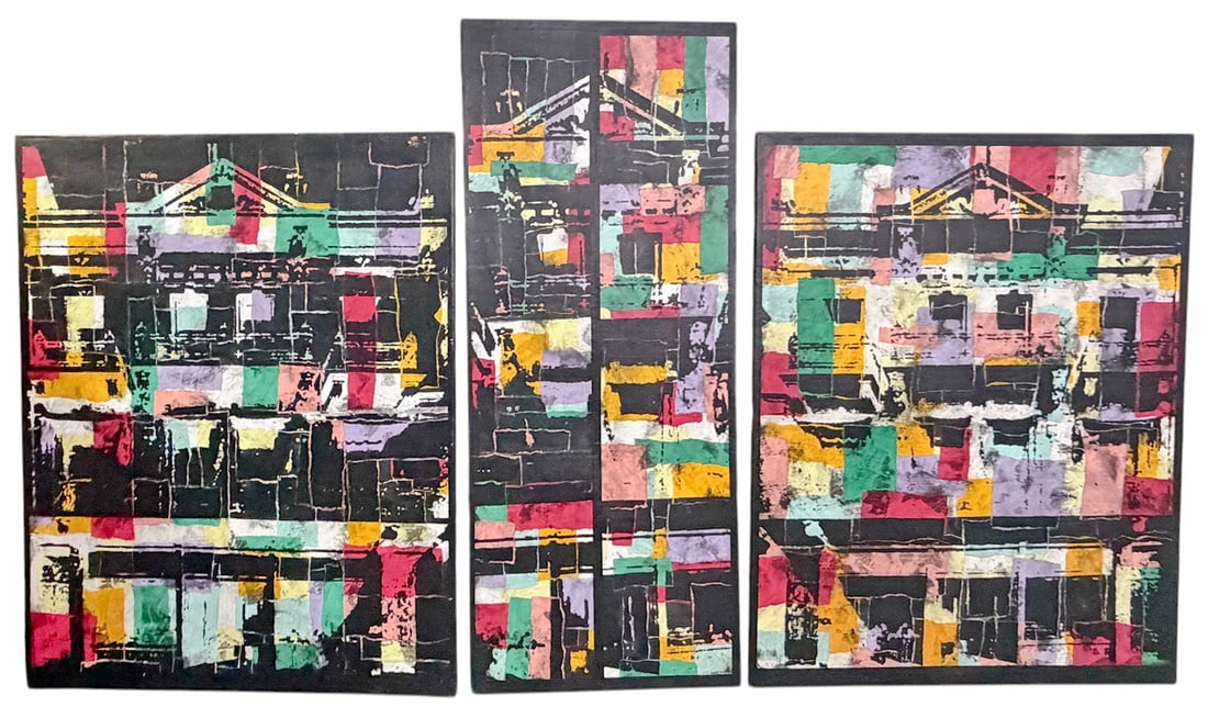 Miguel Giovanetti 'The Street Building' Triptych: Miguel Angel Giovanetti mixed media on canvas triptych titled 'The Street Building' (Positive and Negative), dated 2006. Contemporary abstract urban composition featuring geometric block forms and arc