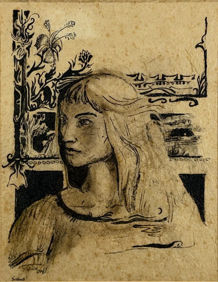 Sabine Signed Girl Portrait Woodcut Print Signed: Original woodcut artwork on handmade mulberry or rice paper, combining printed decorative elements with a hand-drawn charcoal portrait of a young woman, Art Nouveau style motifs with floral and scroll