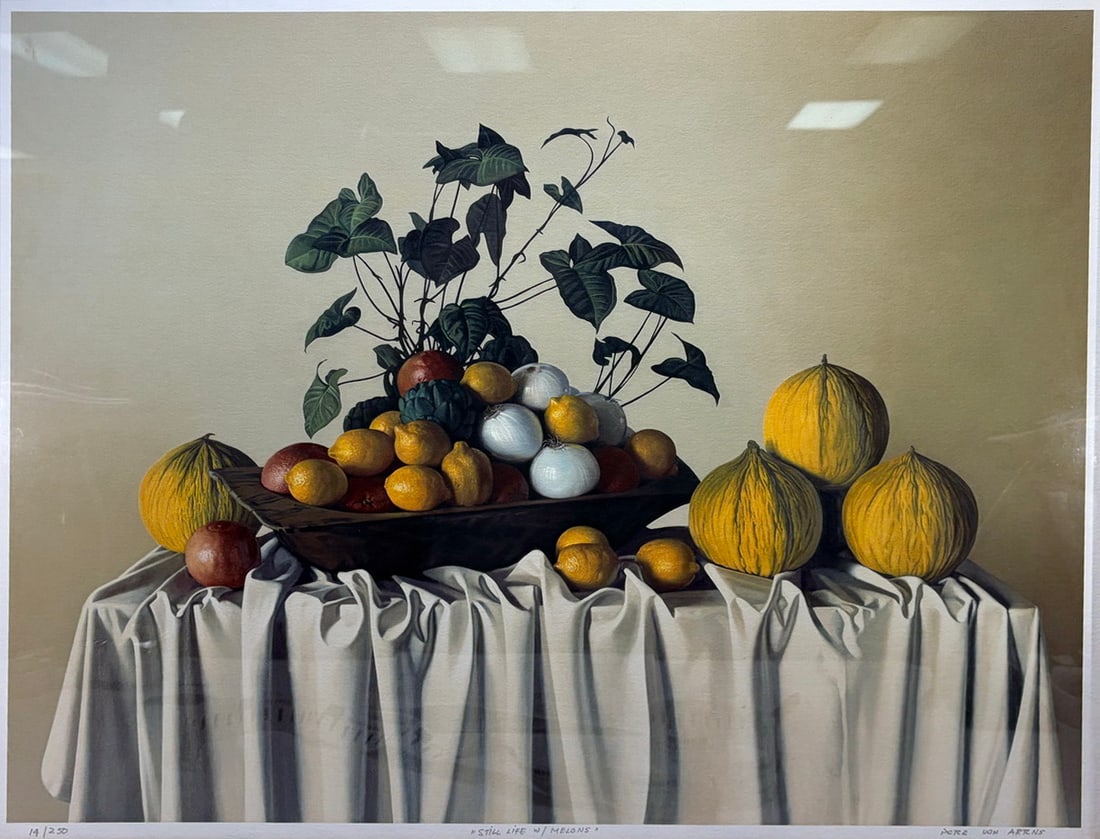 Peter Von Artens Large Lemon Still Life Print: Framed limited edition still life print by Peter Von Artens (Argentinean, 1937-2003), depicting a classical urn-form vase filled with lemons against a geometric abstract background in red and magenta 