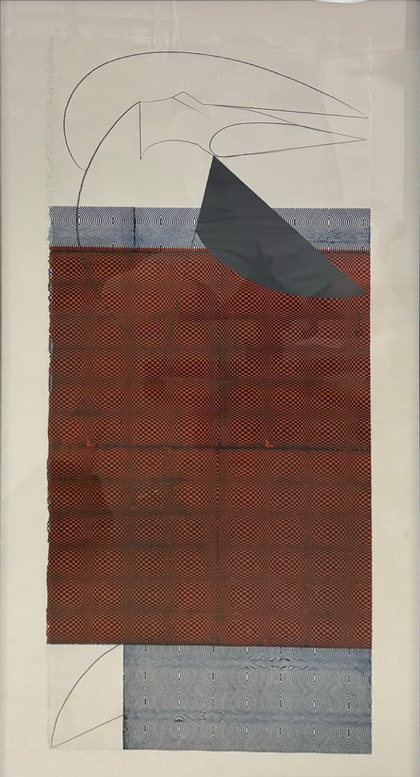Juan Lecuona Argentinean Abstract Serigraph: Original Serigraph work on paper by celebrated Argentinen artist Juan Lecuona (1956-2025). The composition combines hand-painted geometric patterns, collaged paper elements, and fine line drawing in a