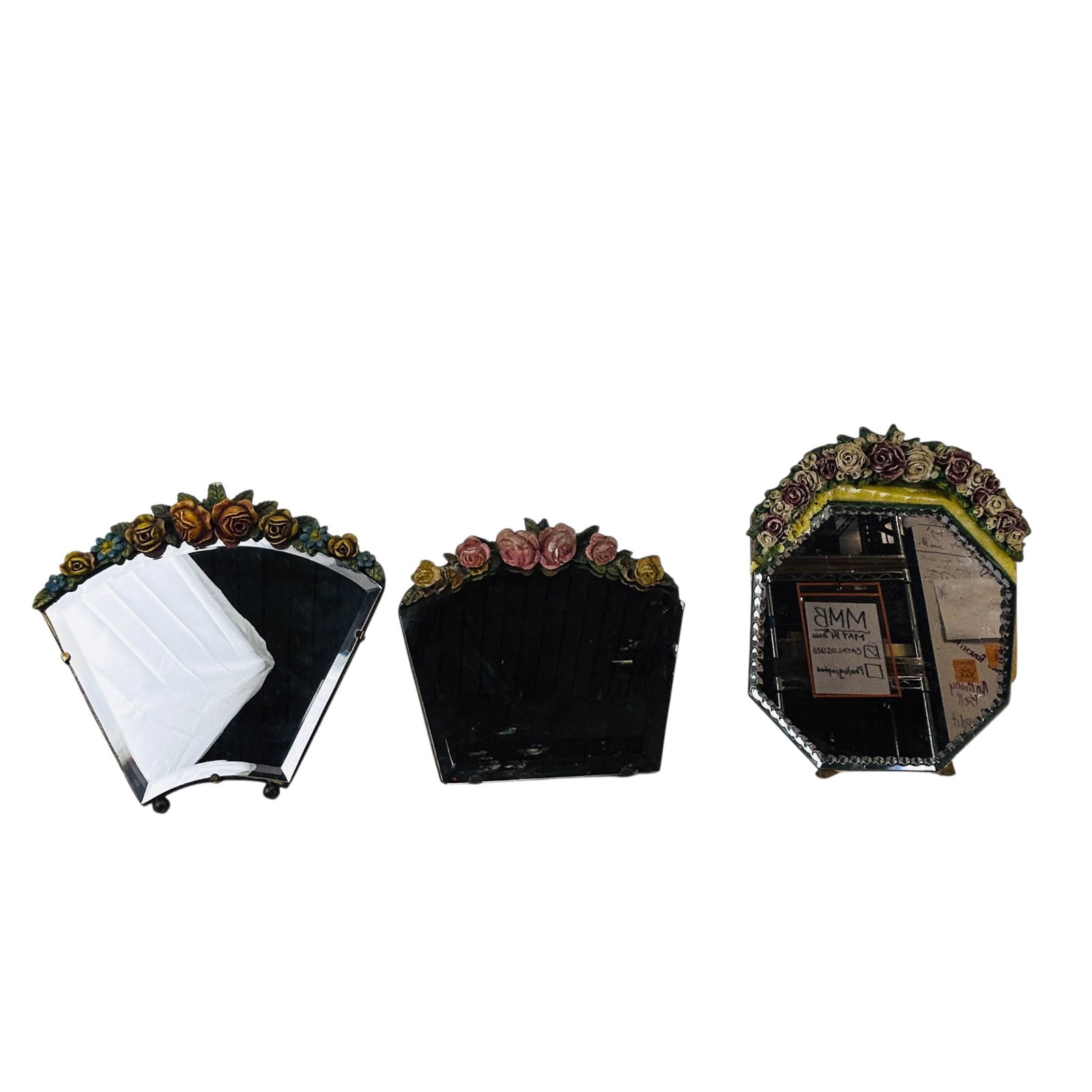 Rose Floral Swag Beveled Glass Barbola Mirrors 3pc: Antique English origin vanity dresser tabletop Barbola mirrors. Each showcases a three dimensional rose floral swag decoration over beveled glass. Easel back stand to each. Measurements range from app