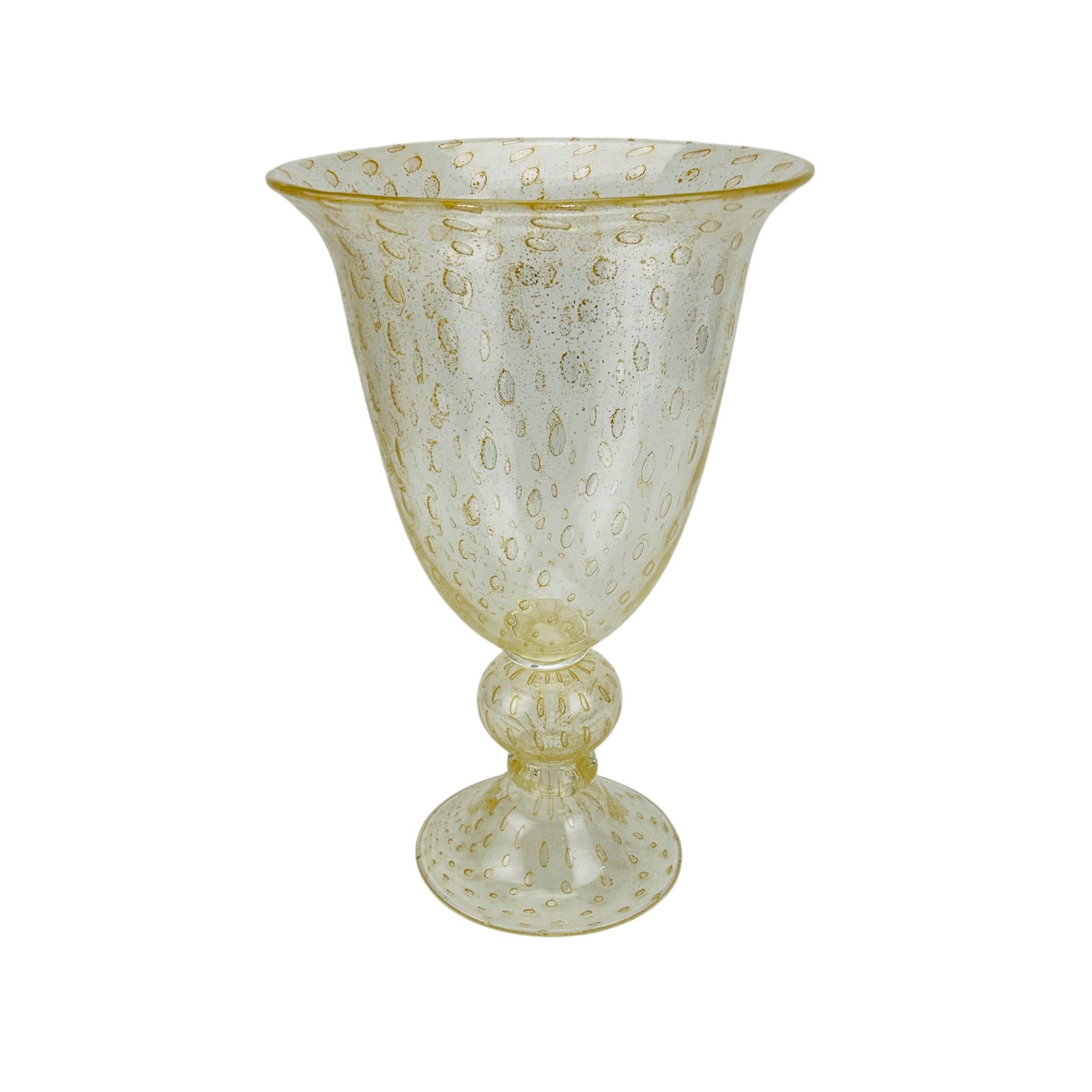 Murano Italy Cased Gold Dust Glass Pedestal Vase: Murano Italian LARGE studio hand blown art glass pedestal vase. The bell shaped body features a flared rim and baluster form having short rounded stem over spreading circular base. Showcases a design 