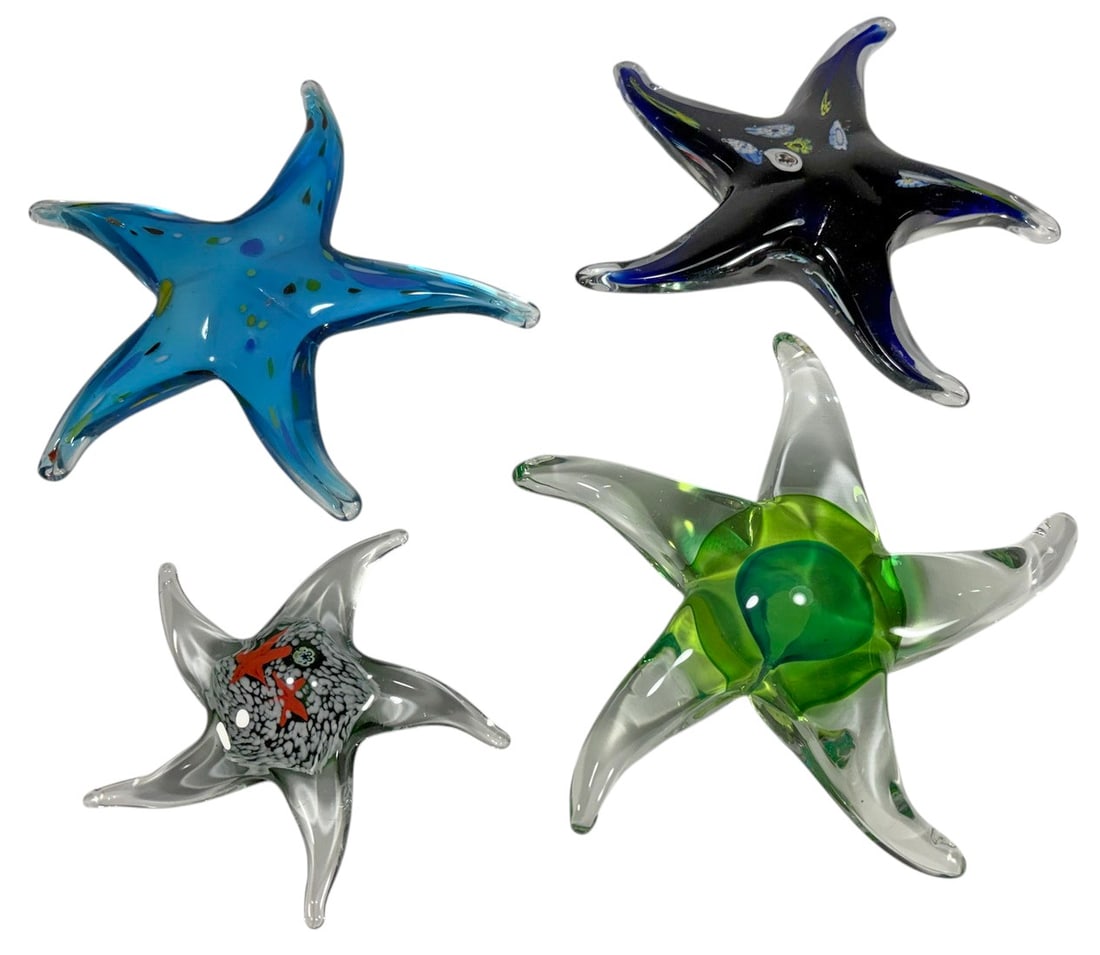 Italian Murano Style Art Glass Starfish 4pc LOT: Group of four Murano style art glass starfish figurines in assorted colors and designs including blue, green, black, and clear examples with controlled bubbles and multicolor inclusions. Freeform mari