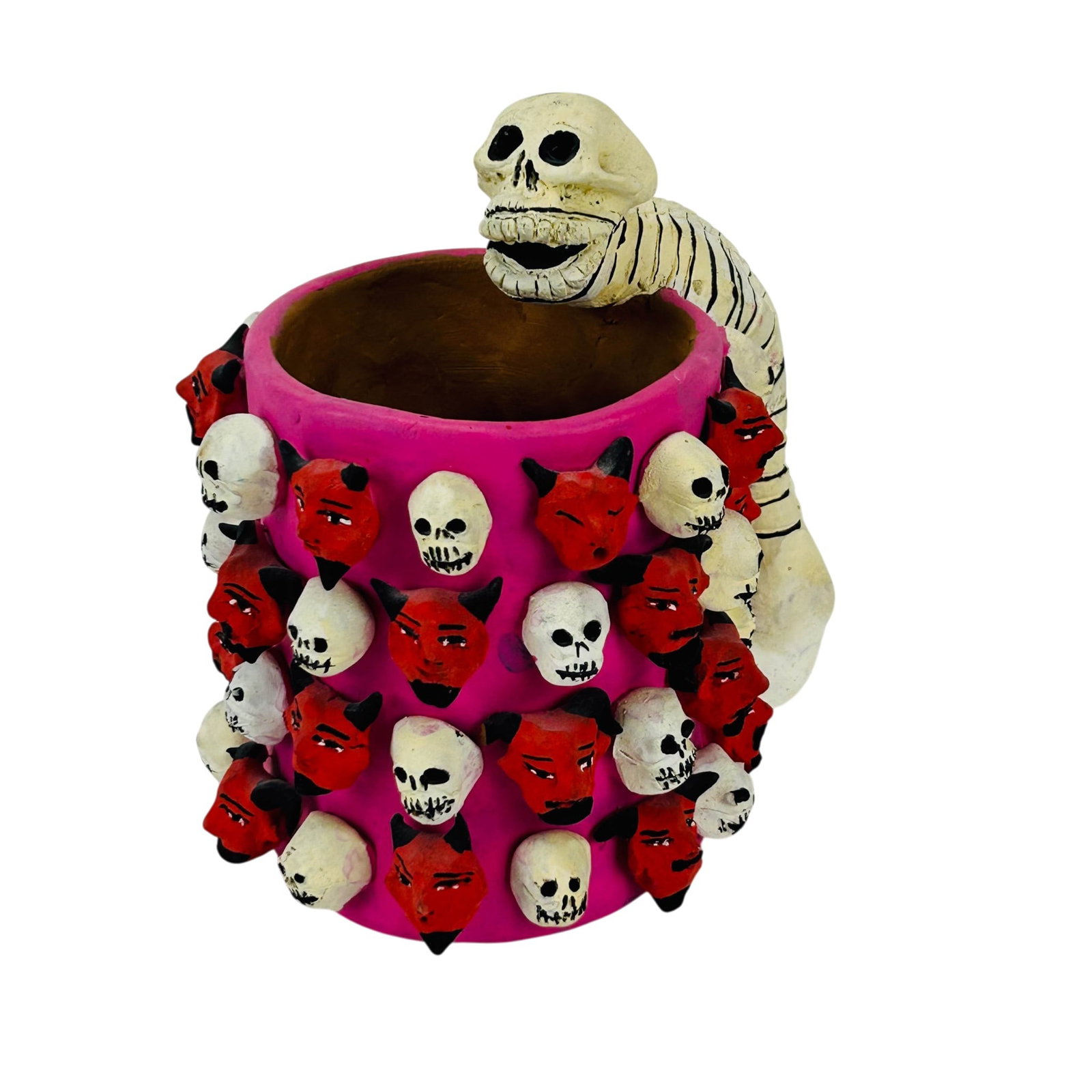 Josefina Aguilar 1945-2026 Art Pottery Vessel Mug: Josefina Aguilar (Mexican, 1945-2026) world renowned master folk artist. This studio handcrafted and coiled folk art polychrome ceramic effigy vessel mug features applied devil masks and skull motifs 