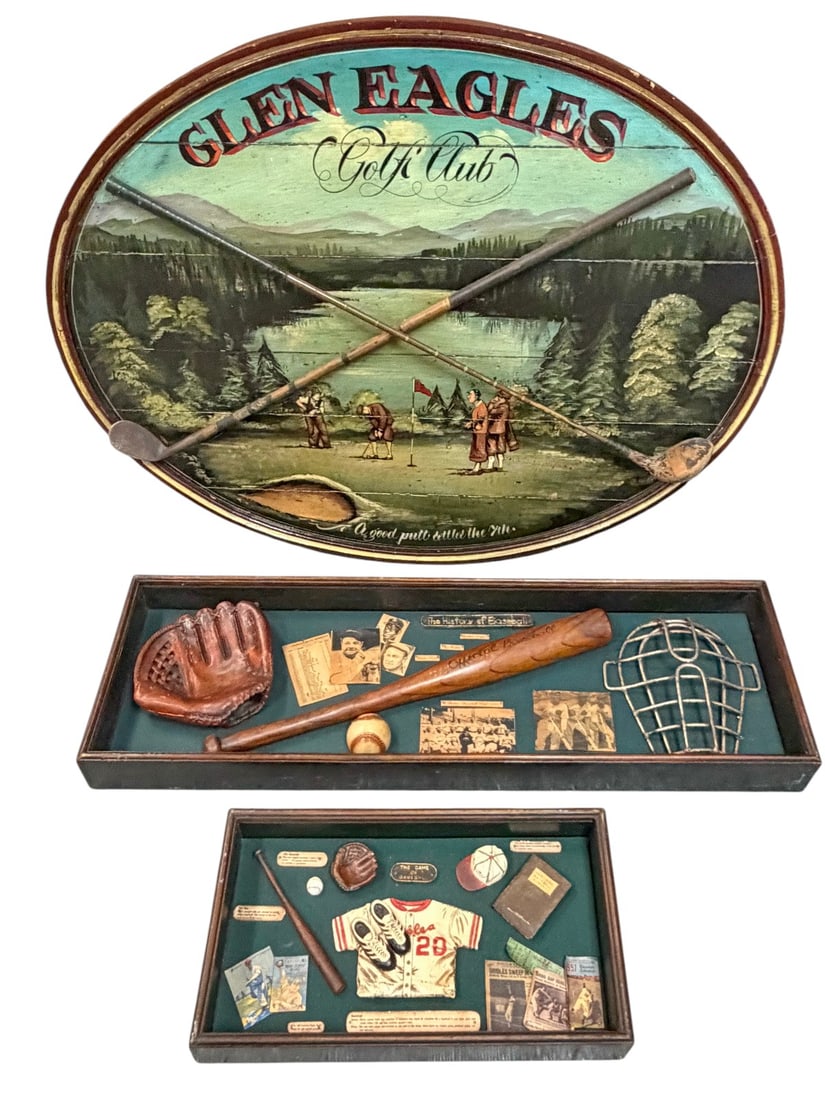 Contemporary Golf & Baseball Memorabilia 3pc LOT: Lot of three contemporary sports memorabilia decorative pieces including two baseball themed shadow box wall displays and one Glen Eagles Golf Club decorative wall plaque. The baseball displays