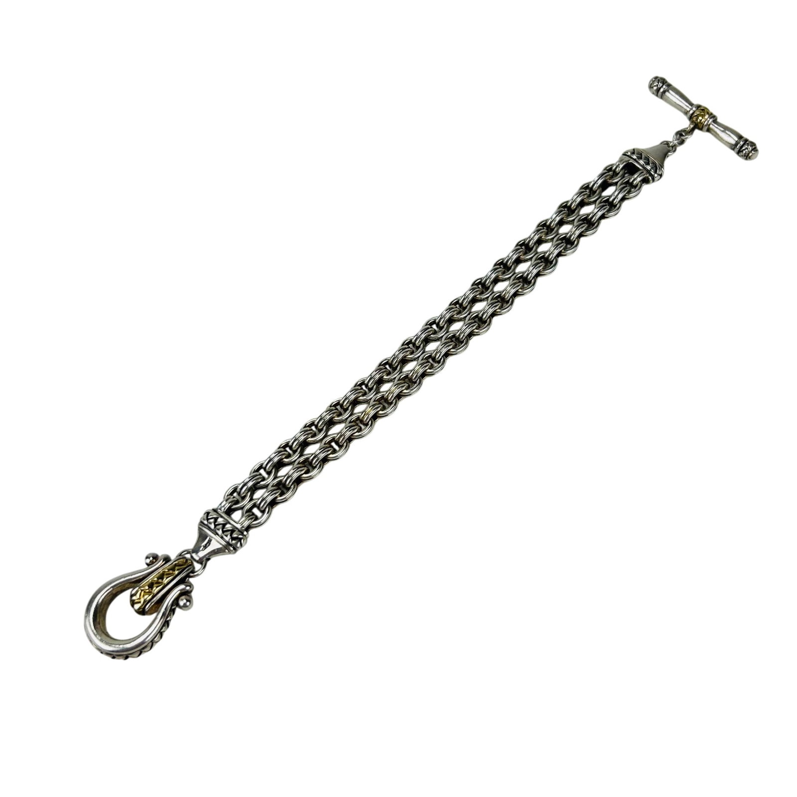 Scott Kay Sterling Silver & 18K Gold Link Bracelet: Scott Kay luxury designer bracelet crafted in sterling silver 925 with 18K yellow gold accents. Features a heavy oval link chain with decorative toggle clasp and sculptural hook form accented by