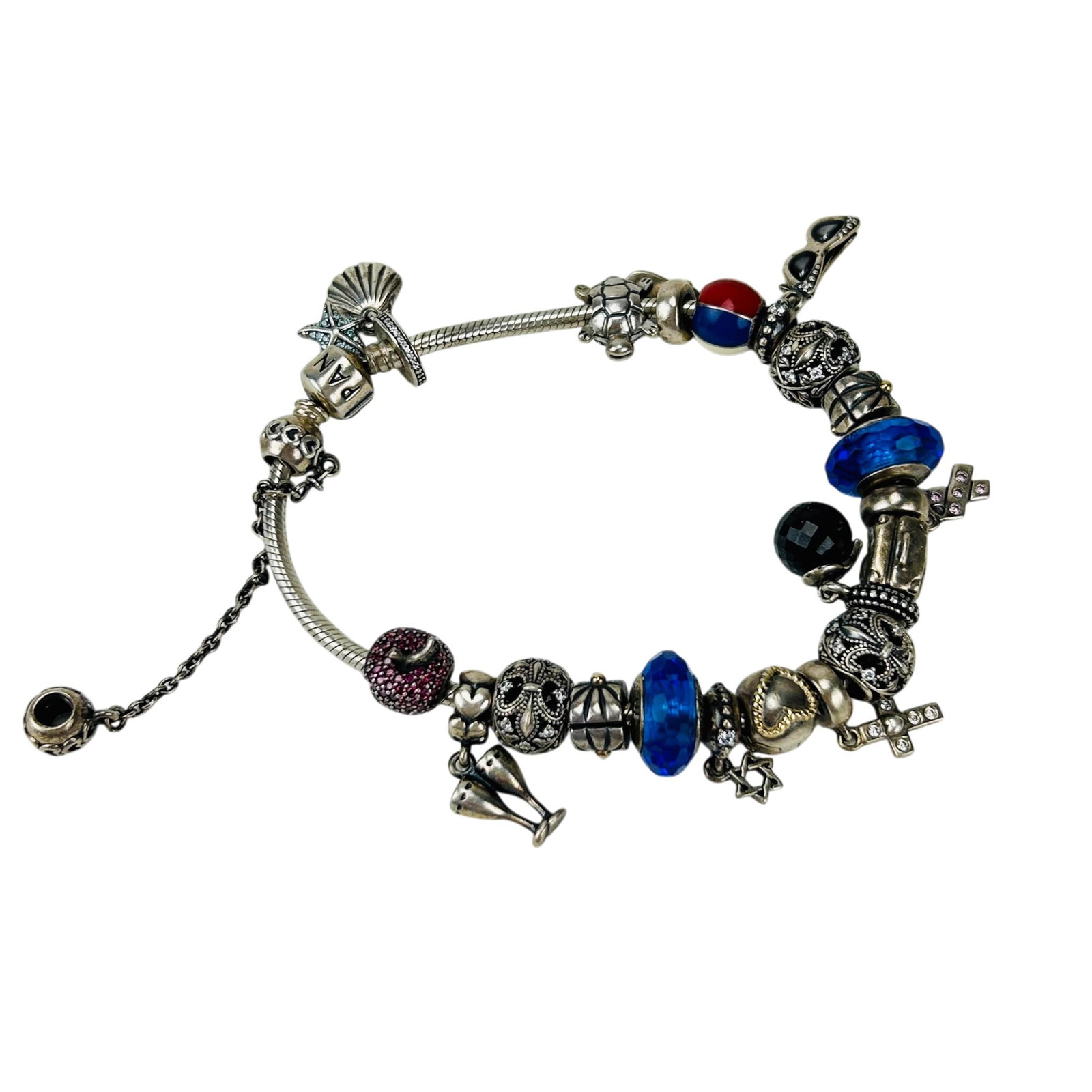 Pandora Sterling Silver Ale 925 Charm Bracelet: Pandora luxury sterling silver 925 charm bracelet with assorted bead and figural charms. Includes glass, pave and enameled charms with motifs including turtle, sunglasses, cross, Star of David,