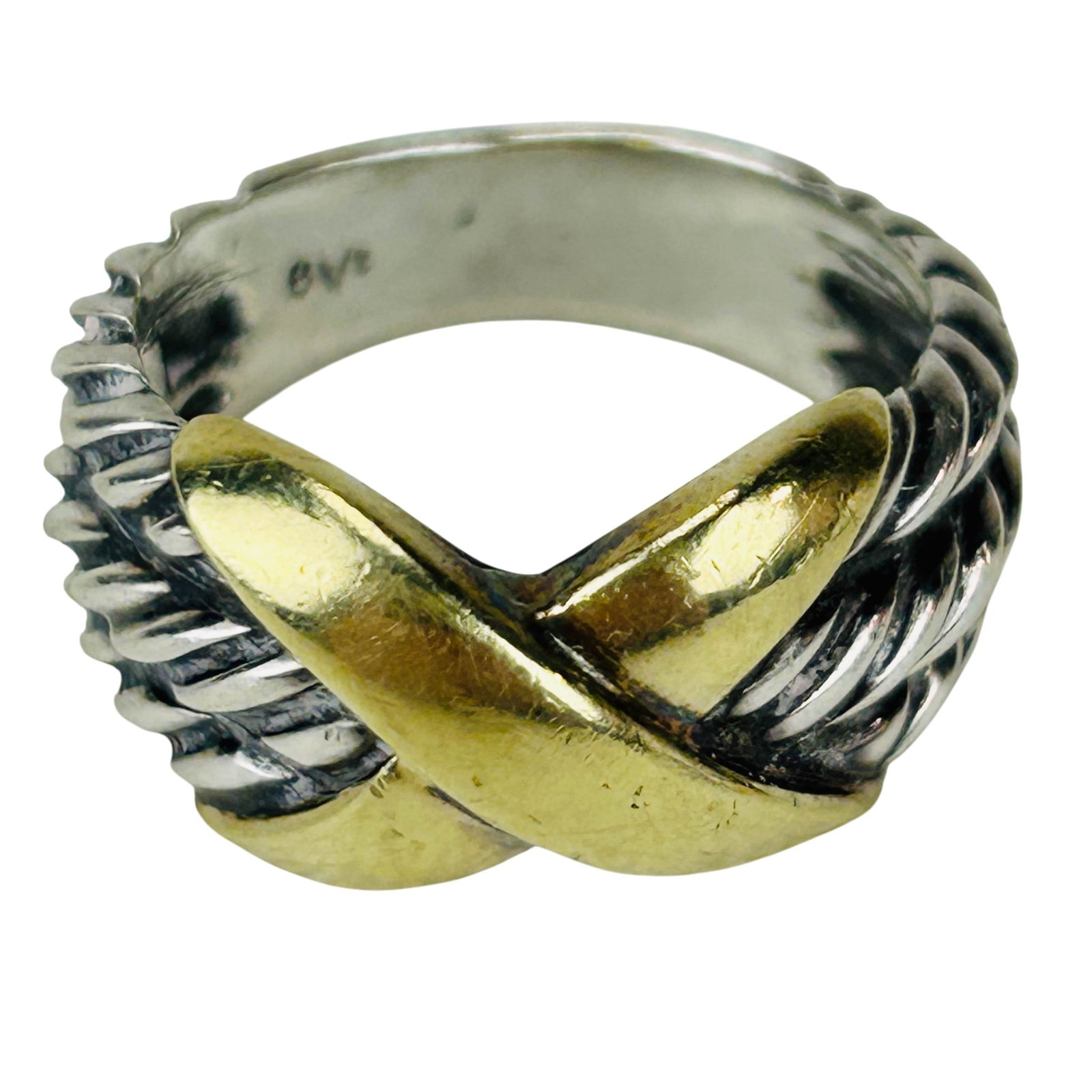David Yurman Sterling Silver 14K Gold Ring Sz 6.5: David Yurman luxury designer sterling silver 925 and 14K gold band ring. Features an overlapping braided design with polished yellow gold accent with. tapering shank with textured rope motif detail.