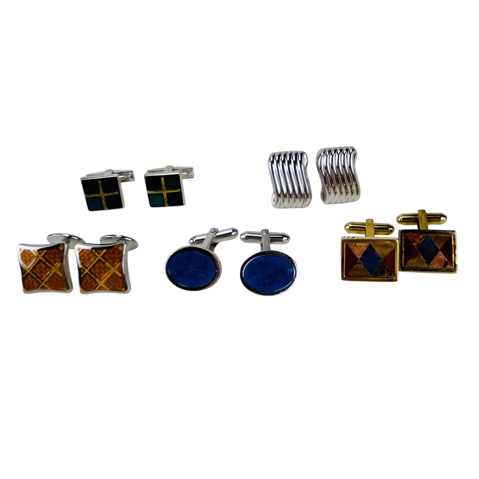 Sterling Silver Enamel Men's Shirt Cufflinks 5 Prs: Group of five pairs of sterling silver 925 mens cufflinks featuring geometric, enamel, and inlaid designs. Lot includes oval blue examples, square cross motif forms, striped modernist styles, diamond