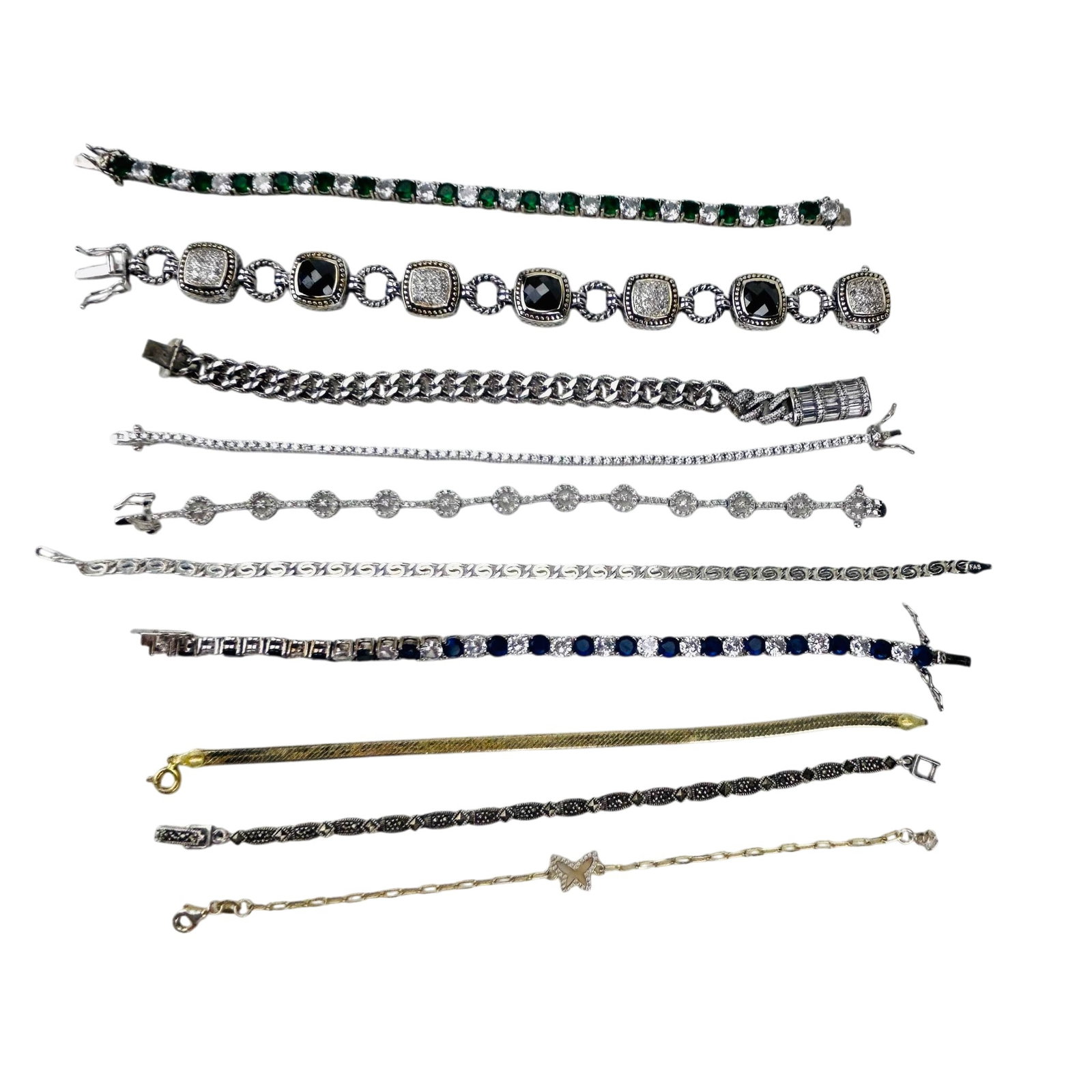Sterling Silver 925 & Gemstone Bracelets 10pc LOT: Collection of sterling silver 925 bracelets including cubic zirconia tennis examples, marcasite link design, black stone panel form, pave curb link style, mesh construction, and decorative fashion