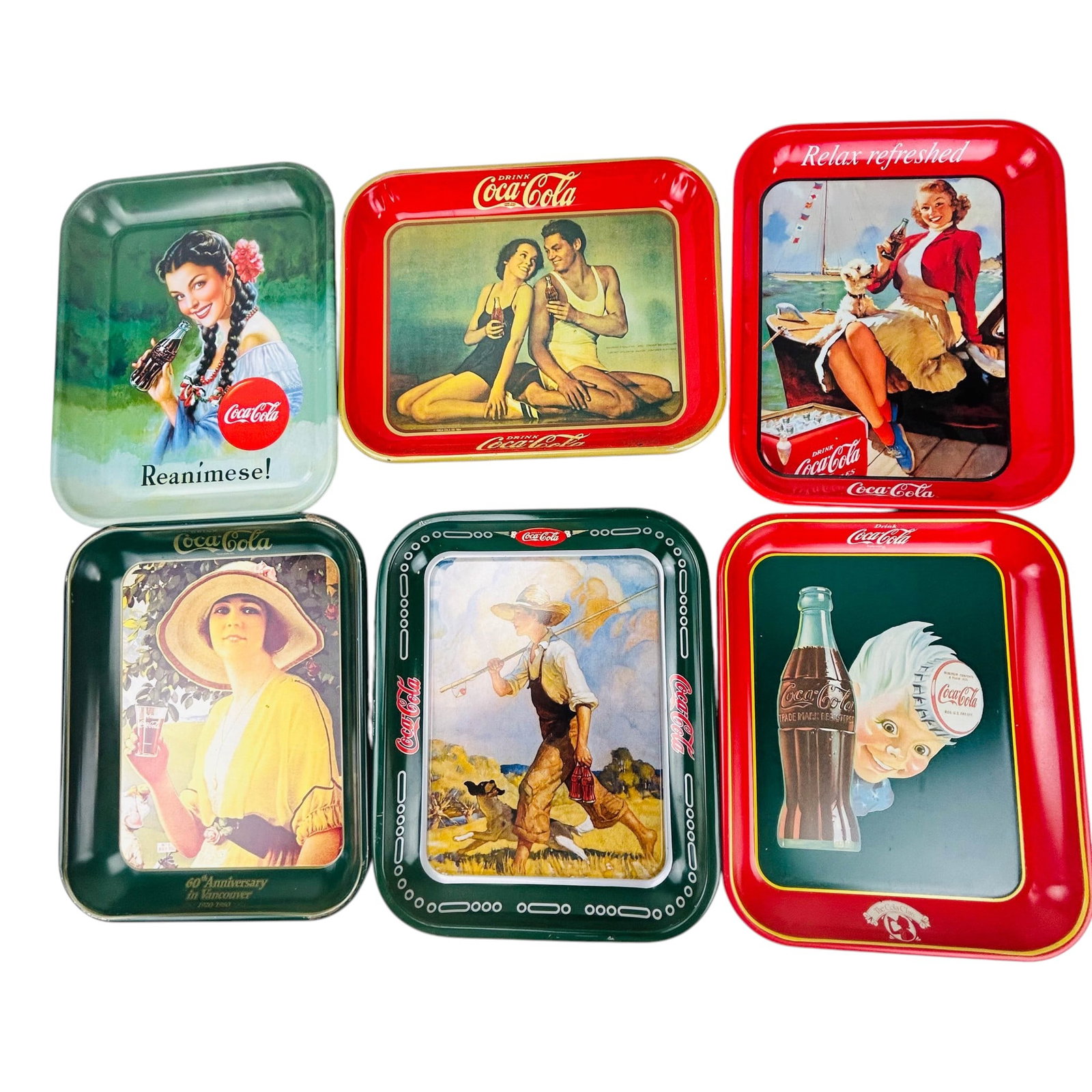 Coca Cola Advertising Metal Serving Trays 6pc LOT: Group of six Coca Cola advertising trays in metal with printed imagery showing figures, bottle forms, glassware, and brand script. Includes seated couple holding bottles, a child beside a container wi