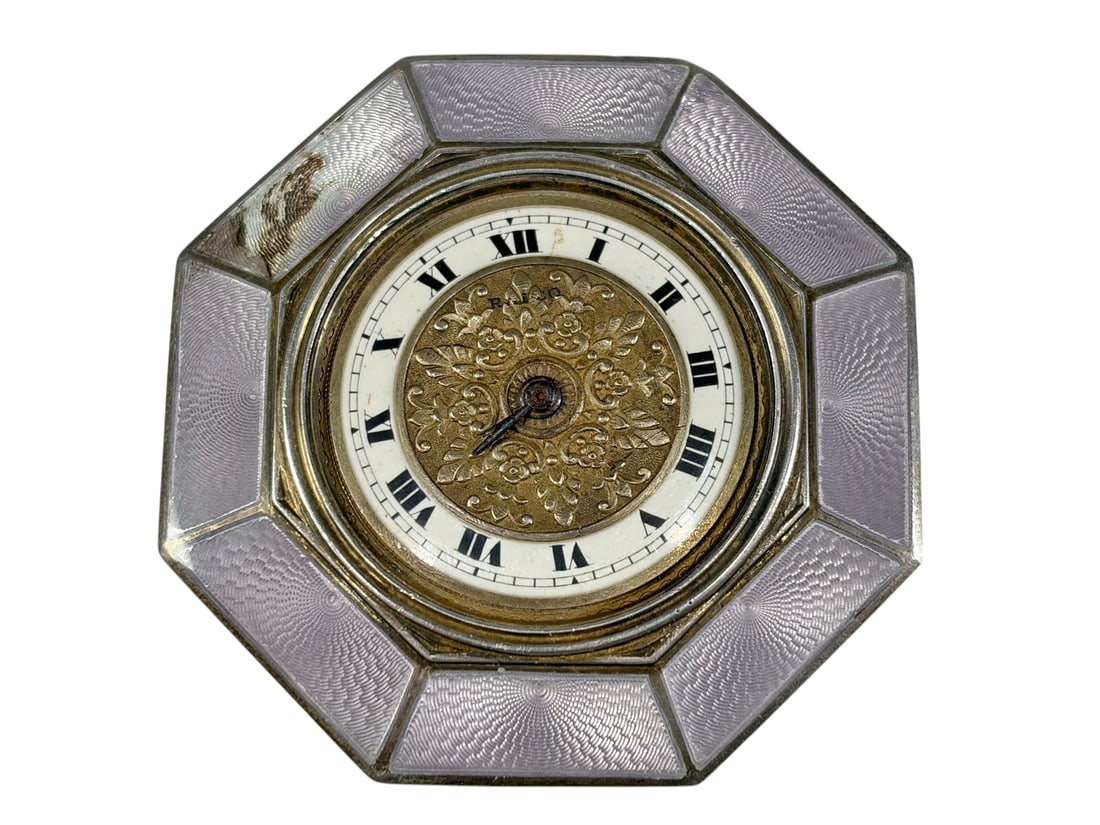 Swiss 935 Sterling Silver Enamel Desk Clock: Vintage octagonal desk clock in 935 silver case with lavender guilloche enamel panels, marked 84 and 935, housing a Swiss manual-wind movement marked Valme Swiss. Features Roman numeral dial with deco