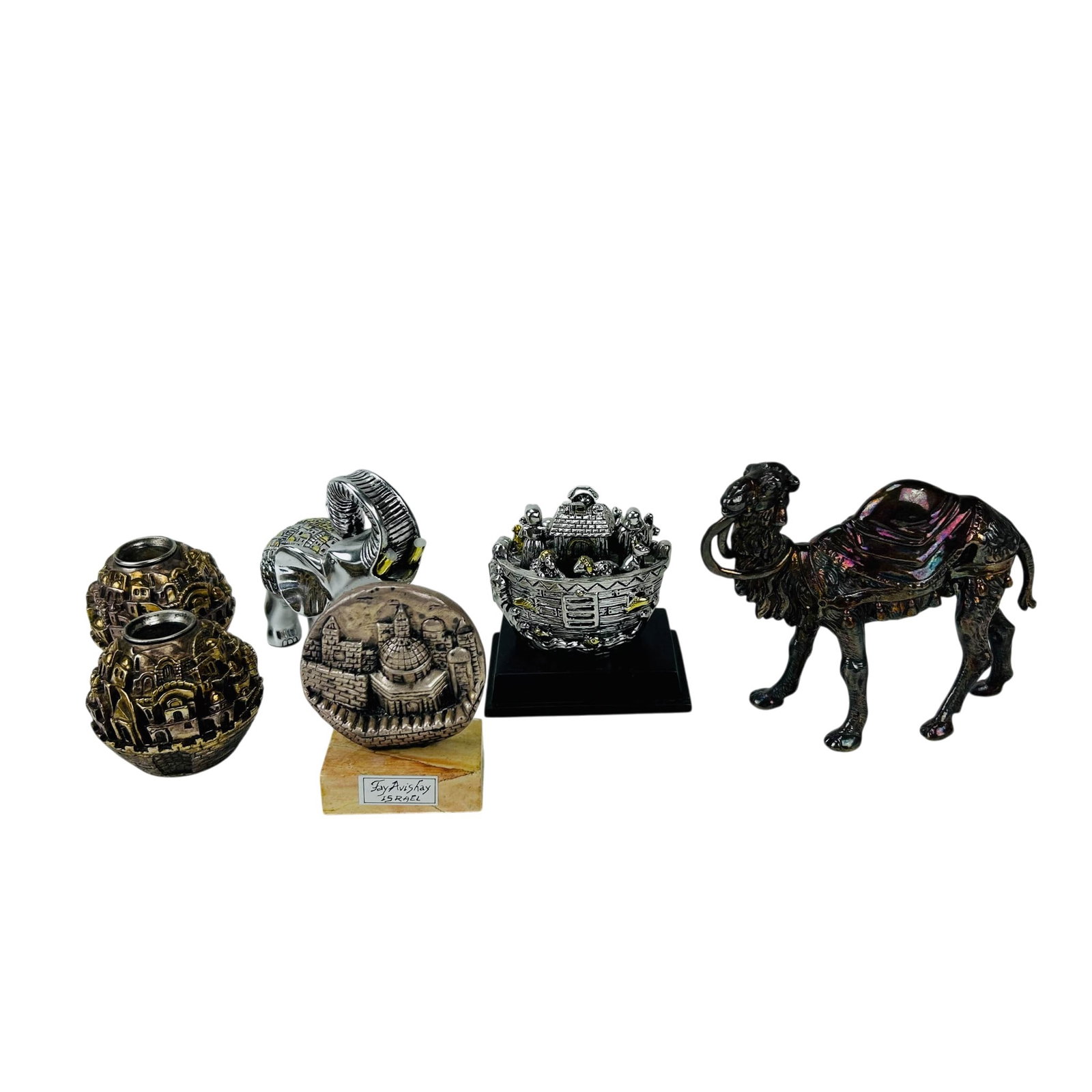 Judaica Silver 925 Electroform Figurines 5pc LOT: Group of five 925 silver electroform (thin sterling silver 925 layer over wax / resin) Jewish Judaica figural objects. Includes an elephant figure decorated with Jerusalem cityscape and inscribed Jeru