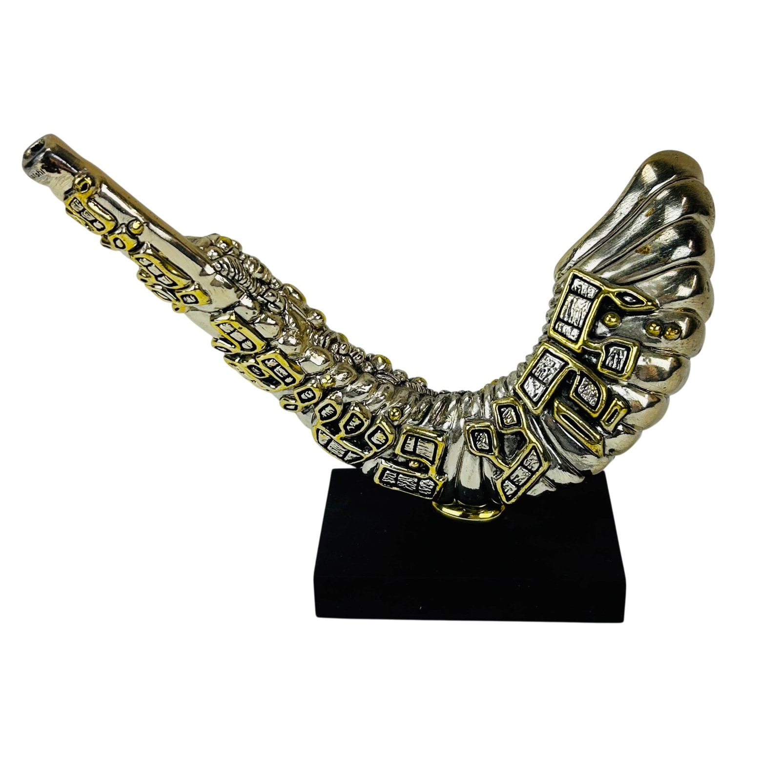 Judaica 925 Silver Electroform Shofar Sculpture: H Karshi Israel Jewish Judaica silver electroform (thin sterling silver 925 layer over wax / resin) sculpture in the form of a Shofar. Surface decorated with a high relief Jerusalem cityscape motif fe