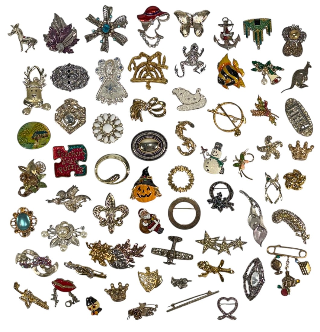 Vintage Assorted Costume Jewelry Pin & Brooch 63pc: Assorted costume jewelry pin and brooch lot featuring floral, figural, holiday, abstract, and rhinestone designs in gold-tone and silver-tone finishes. Includes enamel examples, faux pearl accents, co
